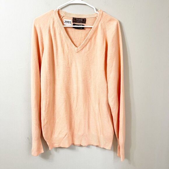 Vtg 80s Thane John Norman Mens Orange Pullover Sweater Large Classic Knit V Neck - Picture 2 of 8